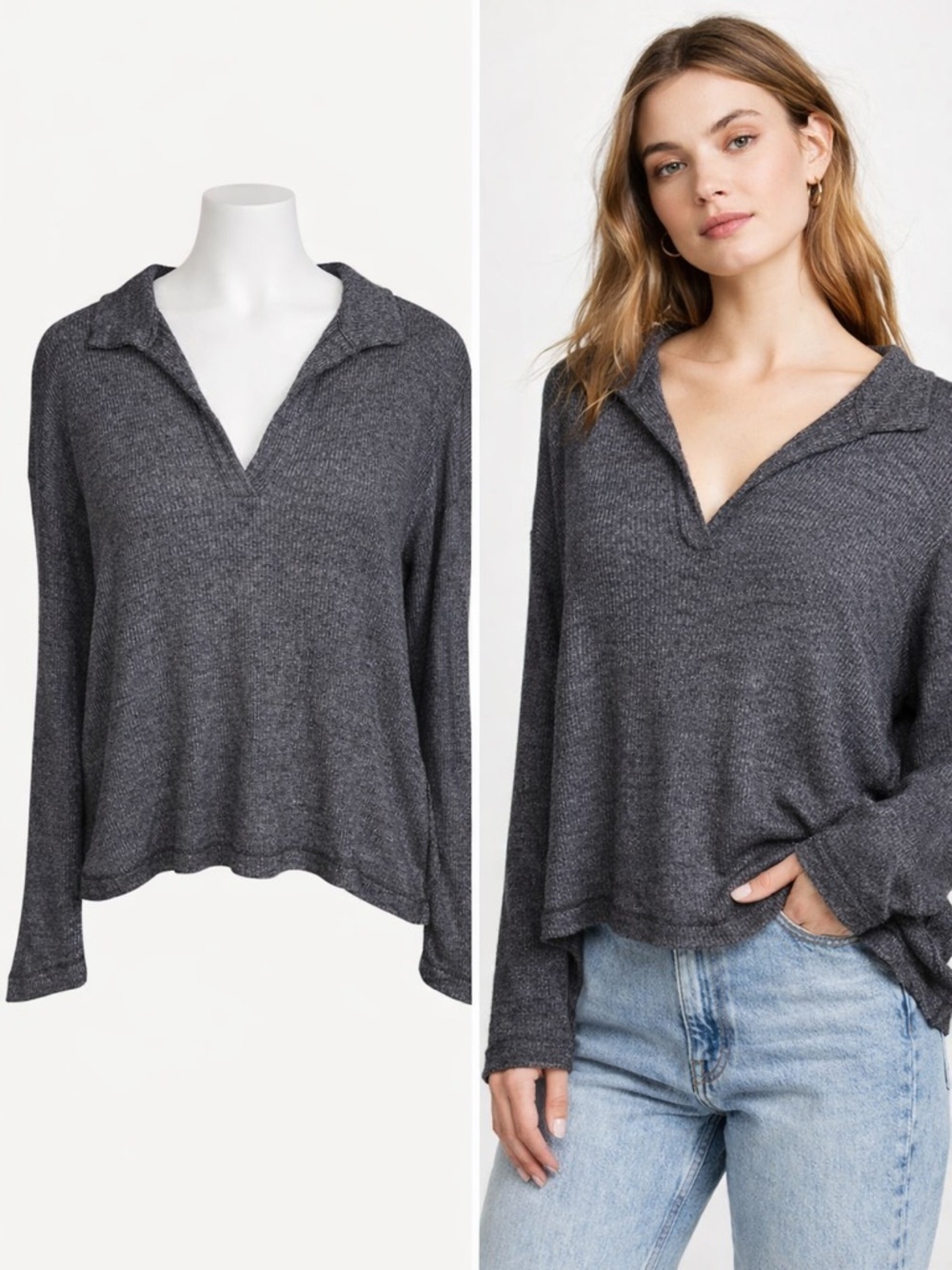 PROJECT SOCIAL T | Gray Ribbed Long Sleeve Top | Soft Stretch Knit | Size L